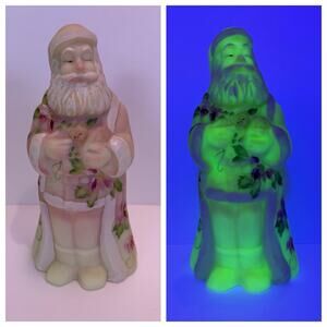 Fenton Burmese Uranium Glass Poinsettia Santa W/ Cat Hand Painted Signed #570
